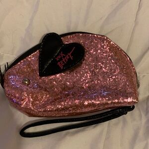Betsey Johnson Pink Glitter Cosmetic Bag with Heart Accent
